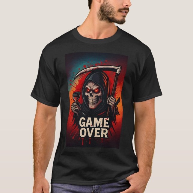 Camiseta Game Over Grim Reaper Skull – Dark Horror Gaming  (Frente)