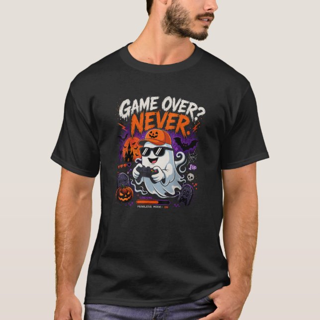 Camiseta Game Over Nunca Divertido Fantasma de Halloween do (Frente)