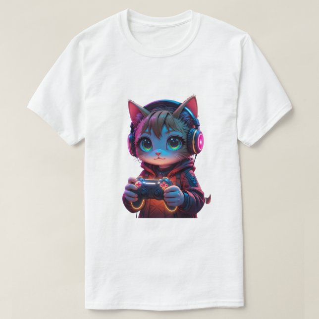 Camiseta Gamer Cat com PlayStation Controller (Frente do Design)