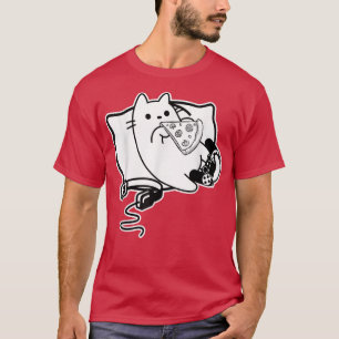 Camiseta Gamer Cat Girl Boy carregando pizza, fone de ouvid