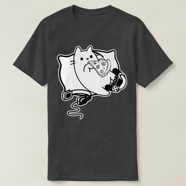 Camiseta Gamer Cat Girl Boy carregando pizza, fone de ouvid (Frente do Design)