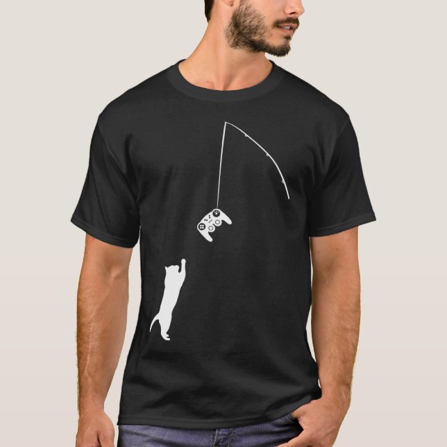 Camiseta Gamer Cat jumping joystick on fishing rod Gaming p (Frente)