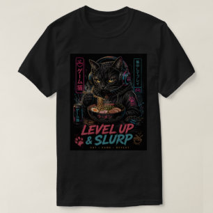 Camiseta Gamer Cat "Level Up & Slurp" Macarrão Ramen Japonê