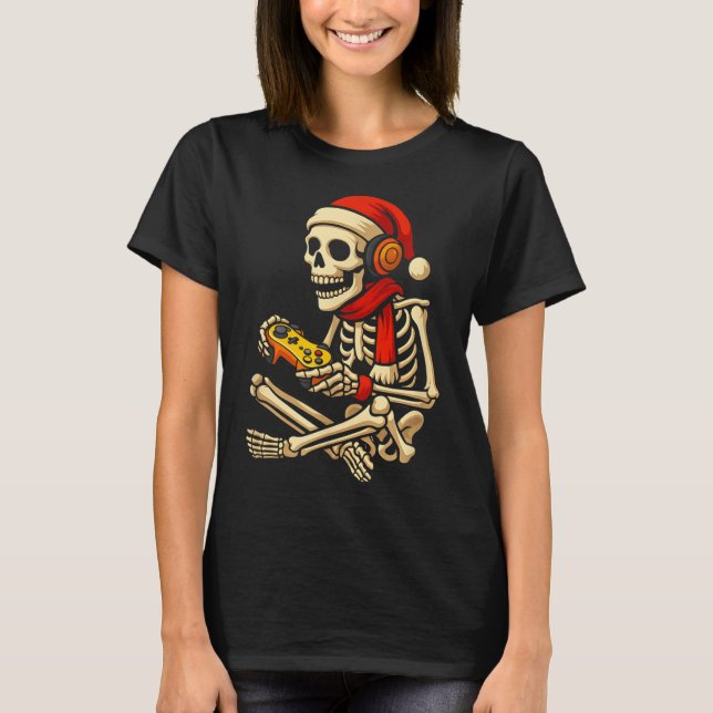 Camiseta Gamer De Esqueleto De Feriado Com Papai Noel E Con (Frente)