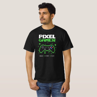 Camiseta Gamer de Pixel Art – Pressione Iniciar Jogar