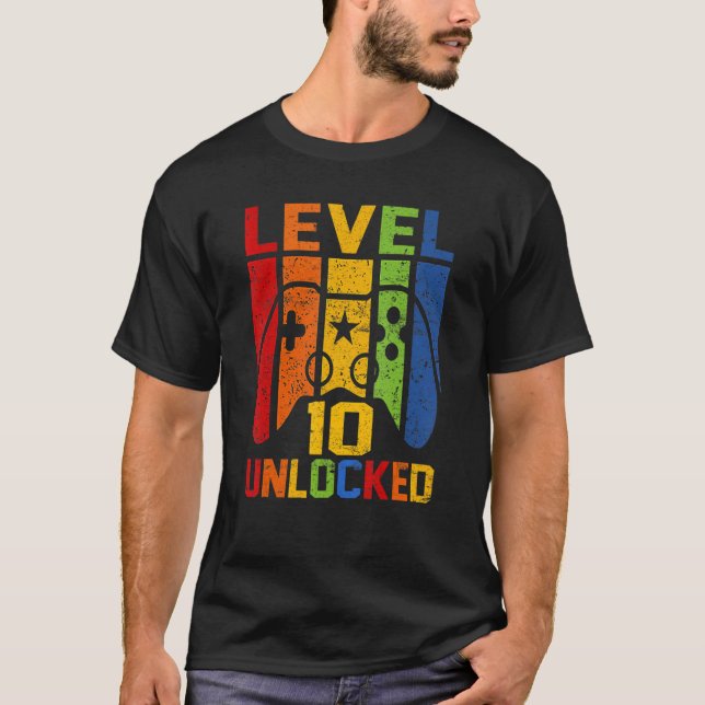 Camiseta Gamer de vídeo 10º Aniversário do Nível 10 desbloq (Frente)