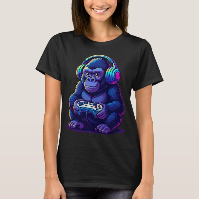 Camiseta Gamer Gorilla with Headphones — Neon Gaming Vibes (Frente)