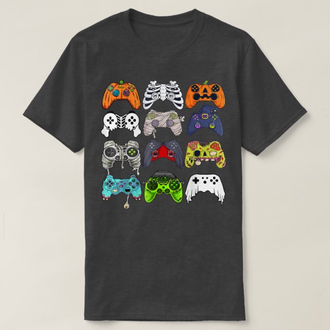 Camiseta Gamer Halloween Pumpkin Skeleton Zombie Gaming Con (Frente do Design)