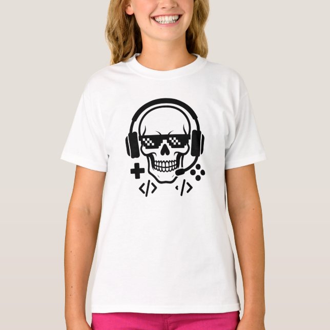 Camiseta Gamer Skull Headset Pixel Glasses | Bold Black Vec (Frente)