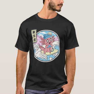 Camiseta Gaming Axolotl Surfing Japonês Wave Kawaii Vaporw
