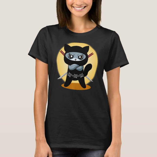 Camiseta Gaming Cat Ninja com o Ninjato Katana mau para jog (Frente)