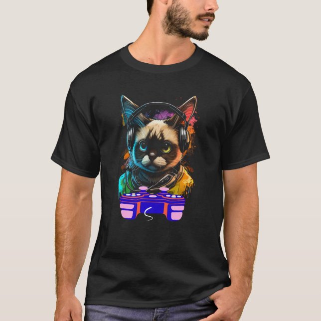 Camiseta Gaming Snowshoe Cat Player Animal Video Gamer Men  (Frente)