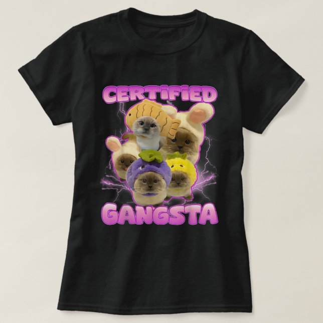 Camiseta Gangsta Kawaii, Garotas-Memória de Gata Certificad (Frente do Design)
