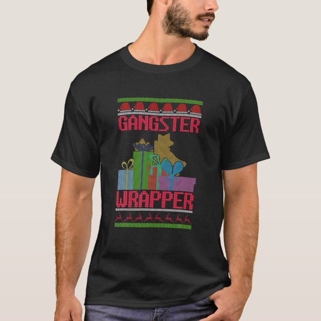 Camiseta Gangster Wrapper Ugly Christmas Sweater Engraçado (Frente)
