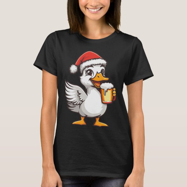 Camiseta Ganso De Natal Engraçado Com BD De Cerveja (Frente)