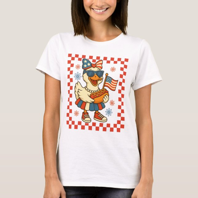 Camiseta Ganso Engraçado Laço Coquette 4 de Julho EUA Ameri (Frente)