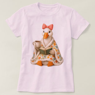 Camiseta Ganso Fofo e Livresco Bebendo Café com Laço Outona