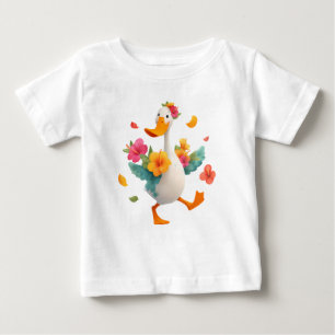 Camiseta Ganso Kawaii Dançando – Pato Fofo com Flores para