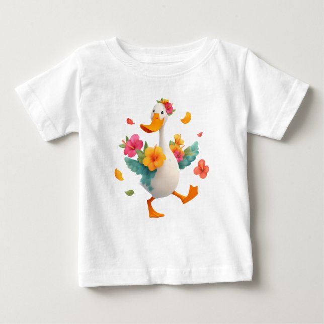 Camiseta Ganso Kawaii Dançando – Pato Fofo com Flores para  (Frente)