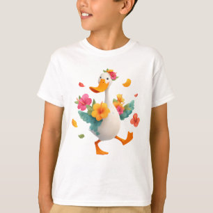 Camiseta Ganso Kawaii Dançando – Pato Fofo com Flores para