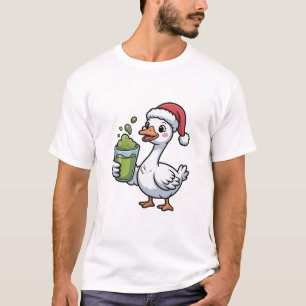 Camiseta Ganso segurando Matcha Beber Vestindo Santa Hat