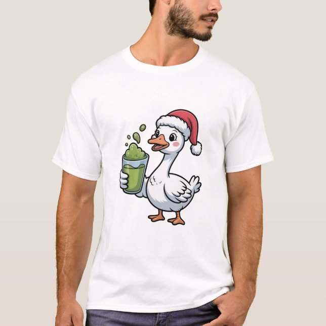 Camiseta Ganso segurando Matcha Beber Vestindo Santa Hat (Frente)
