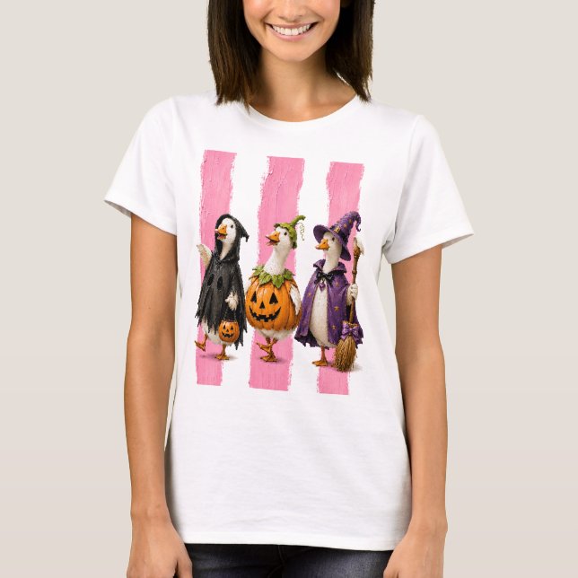 Camiseta Gansos de Halloween Fofo Listra Rosa (Frente)
