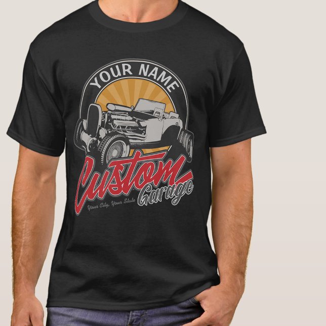 Camiseta Garagem de Hot Rod Personalizada Retro Roadster Cu (Criador carregado)