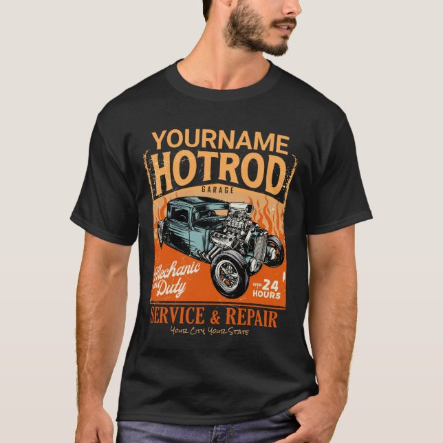 Camiseta Garagem de Hot Rod Personalizado com NOME Oficina  (Frente)