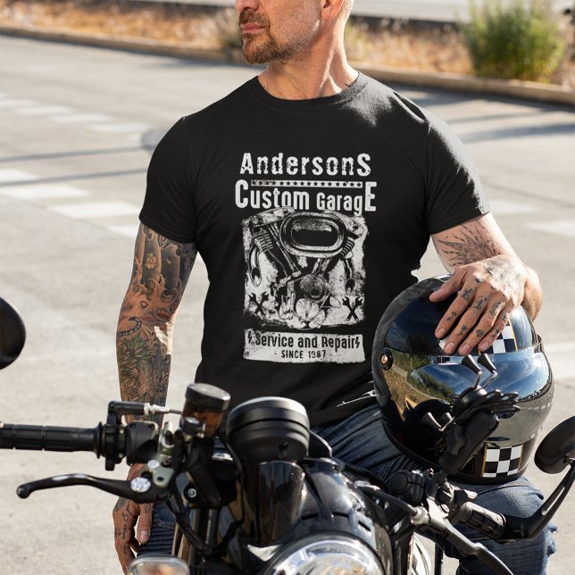 Camiseta Garagem Personalizada de Reparo de Motocicletas (Criador carregado)