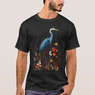 Camiseta Garça Azul Floral Flor Silvestre Observação de Pás