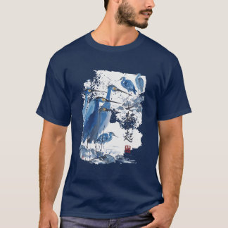 Camiseta Garça Azul Lavagem a Tinta Japonesa Pássaro Nature
