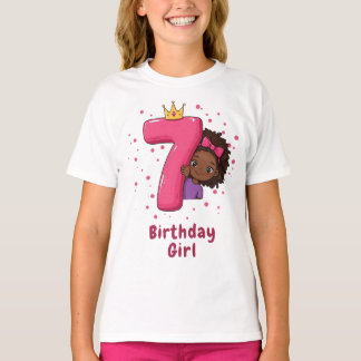 Camiseta Garota 7 de Aniversário com Número Coroa e Rosa