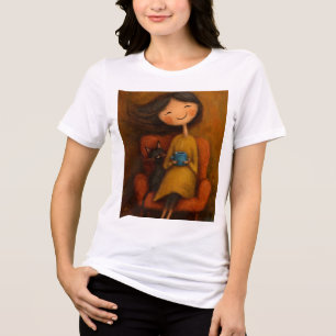 Camiseta Garota Aconchegante com Gato Preto e Café- Camiset