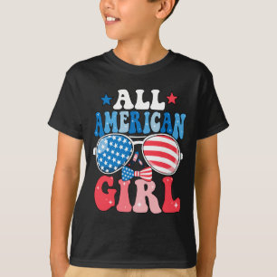 Camiseta garota americana óculos de sol retrô bandeira dos
