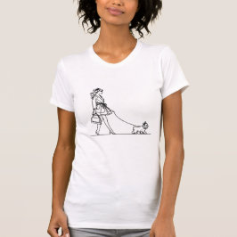 Camiseta Garota andando um cachorro, desenho de uma linha,