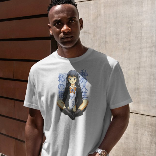 Camiseta Garota Animadora Sentada Com Gato (Criador carregado)