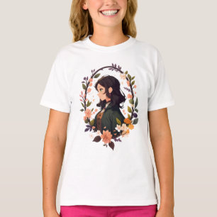 Camiseta Garota Anime com Folha – Arte de Retrato Floral Fo
