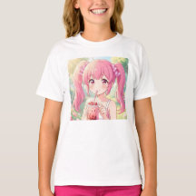 Garota Anime Fofa de Rosa Bebendo Chá de Bolhas