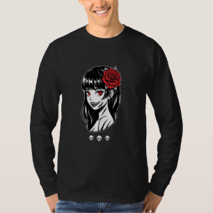 Camiseta Garota Anime Gótica com Olhos Vermelhos de Rosa Te