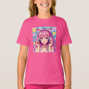 Camiseta Garota Anime Rosa Fofa com Fones de Ouvido