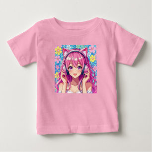 Camiseta Garota Anime Rosa Fofa com Fones de Ouvido