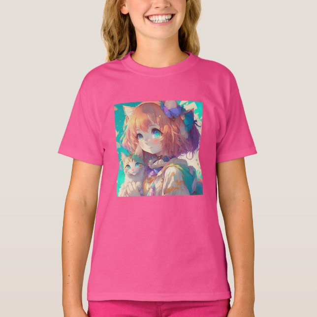 Camiseta Garota anime segurando um gatinho adorável (Frente)