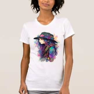 Camiseta Garota Artística Vibrante com Chapéu de Abas Larga