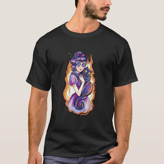 Camiseta Garota Assustadora e Assustada Com Gato (Frente)