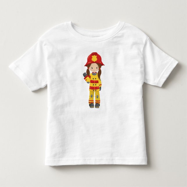Camiseta Garota Bombeira, Mulher Bombeira, Cabelo Castanho (Frente)