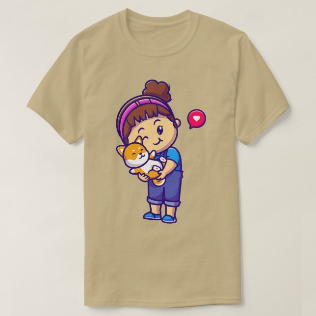 Camiseta Garota Bonita Abraçando Shiba Inu Cão Cartoon 1 (Frente do Design)