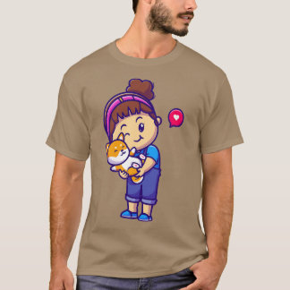 Camiseta Garota Bonita Abraçando Shiba Inu Cão Cartoon 1
