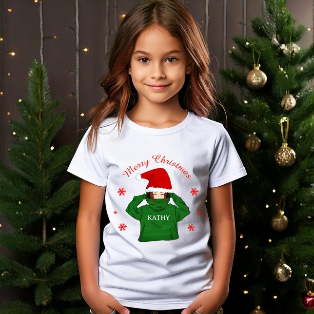 Camiseta Garota bonita com capuz verde e Natal (Criador carregado)