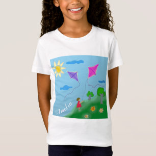 Camiseta Garota Bonita com Kites Desenhando